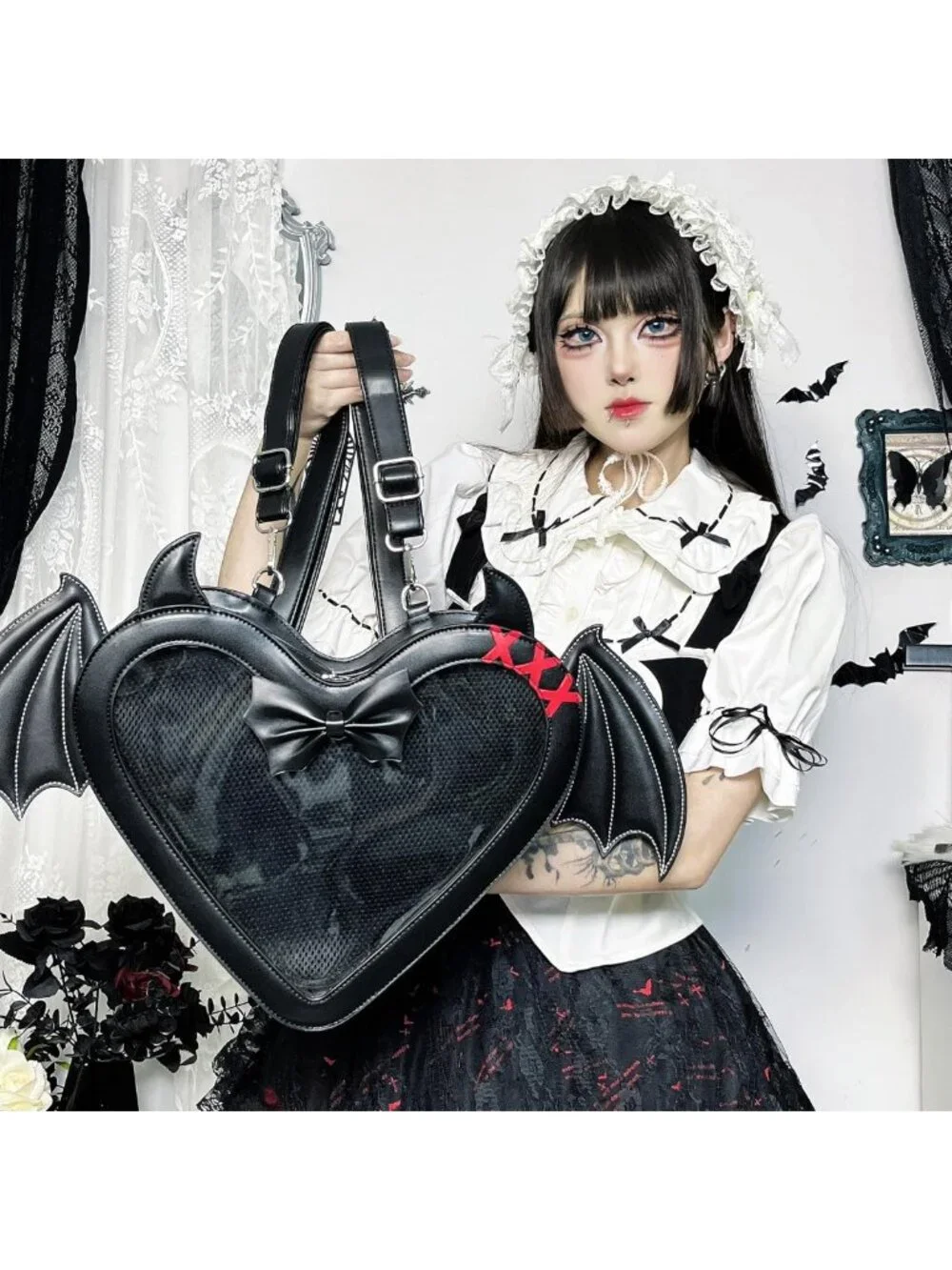 Gothic Heart Ita Bag Backpack Crossbody Purse with Bat Wings - Stylish & Unique